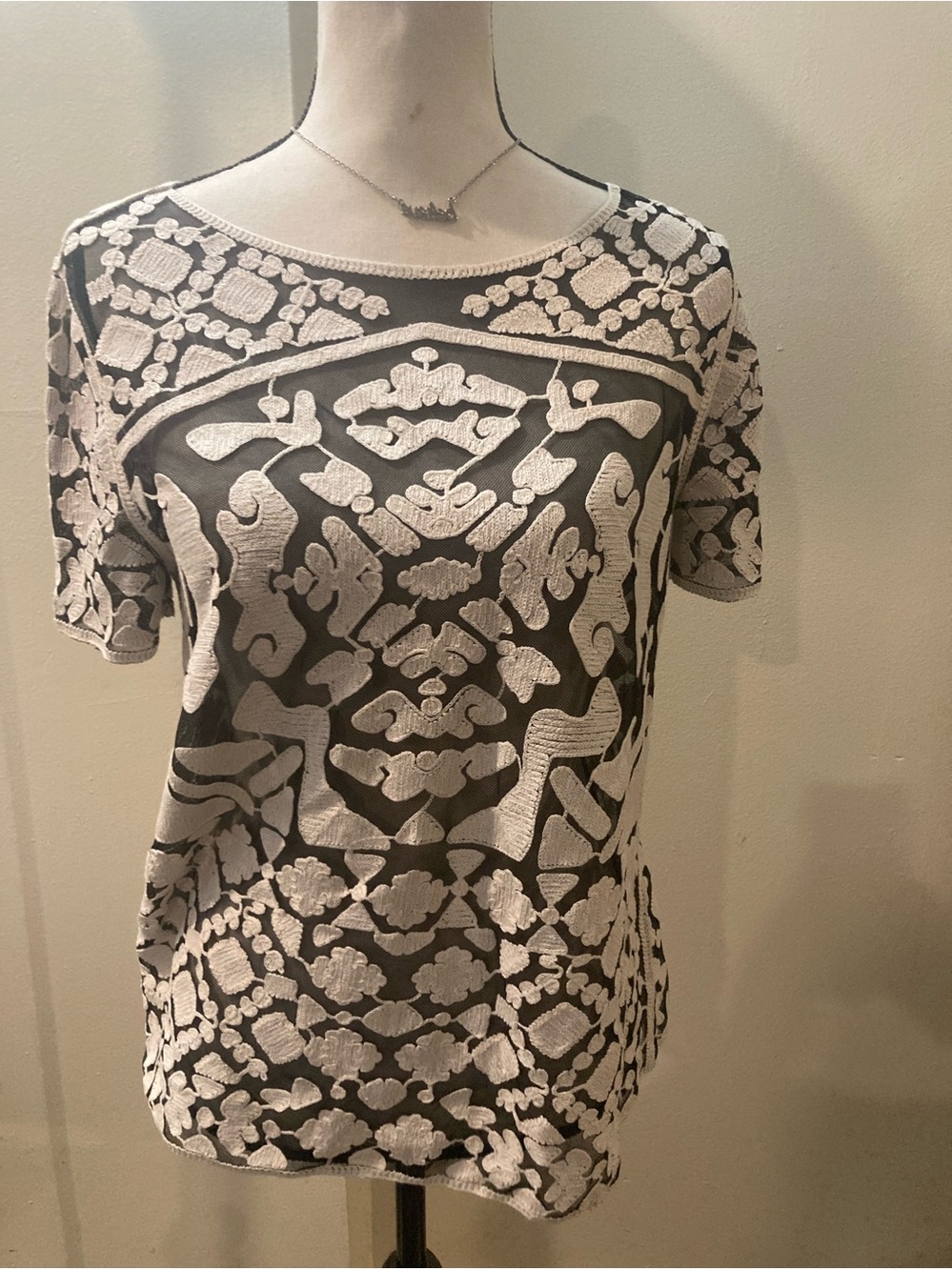 everleigh Black Top with Cream Patterned Embroidery